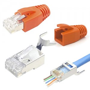 (Gen 2) Cat7 Cat6a RJ45 Pass Through connectors Metal Shielded, RJ45 8P8C Modular Plug with Strain Relief Boots-Orange 30 Pack