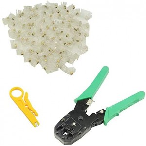 RJ11 RJ12 Crimp Tool Crimping Plier Crimper with Wire Stripper + 100pcs Rj12 4P4C Connector Plug Network Tool Set