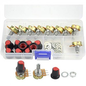 B1K B2K B5K B10K B20K B50K B100K B500K B1M Ohm Knurled Shaft Linear Rotary Taper Potentiometer Kit with Cap (9 PCS)