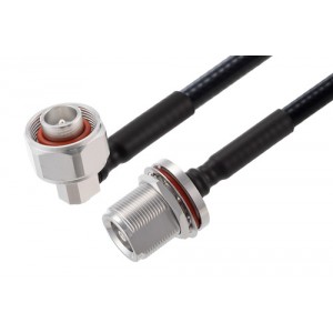 4.1/9.5 Mini DIN Male Right Angle to 4.1/9.5 Mini DIN Female Bulkhead Low PIM Cable 12 Inch Length Using 1/4 inch Superflexible Coax