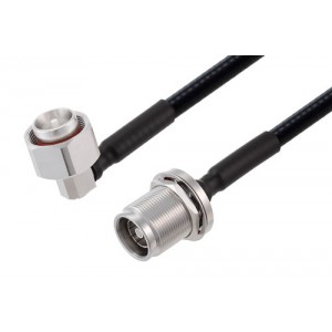 4.3-10 Male Right Angle to 4.3-10 Female Bulkhead Low PIM Cable 12 Inch Length Using 1/4 inch Superflexible Coax