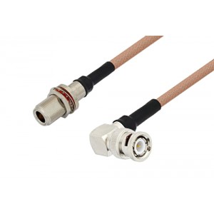 N Female Bulkhead to BNC Male Right Angle Cable 12 Inch Length Using ET-RG400 Coax with HeatShrink, LF Solder