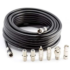 Coax Cable Kit with ET-RG6 Cable and six (6) Piece Adapter Kit Includes Male Female RCA BNC F81 Barrel Connectors Black 10 Feet