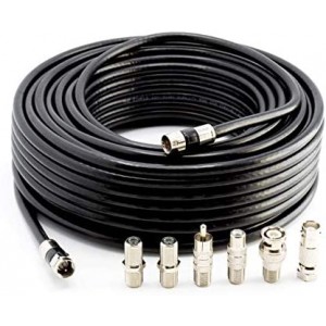 Coax Cable Kit with ET-RG6 Coax Cable and six (6) Piece Adapter Kit Includes Male Female RCA BNC F81 Barrel Connectors Black 100 Feet