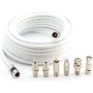 Coax Cable Kit with ET-RG6 Cable and six (6) Piece Adapter Kit Includes Male Female RCA BNC F81 Barrel Connectors White 10 Feet