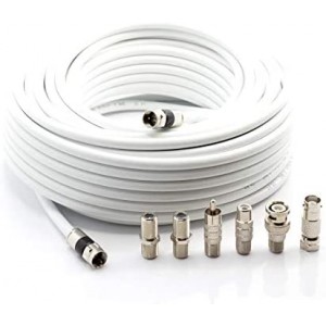 Coax Cable Kit with ET-RG6 Cable and six (6) Piece Adapter Kit Includes Male Female RCA BNC F81 Barrel Connectors White 125 Feet