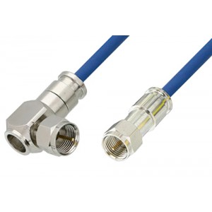 75 Ohm F Male to 75 Ohm F Male Right Angle Cable 12 Inch Length Using 75 Ohm ET38348 Blue Coax