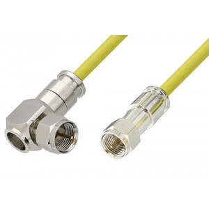 75 Ohm F Male to 75 Ohm F Male Right Angle Cable 12 Inch Length Using 75 Ohm ET38344 Yellow Coax