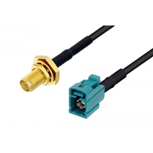 SMA Female Bulkhead to Water Blue FAKRA Jack Cable 12 Inch Length Using ET38358 Coax with HeatShrink