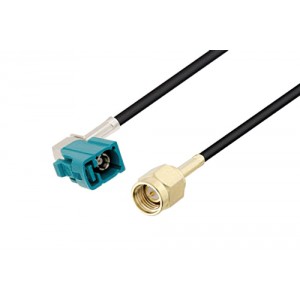 Water Blue FAKRA Jack Right Angle to SMA Male Cable 12 Inch Length Using ET-LMR-100 Coax , LF Solder