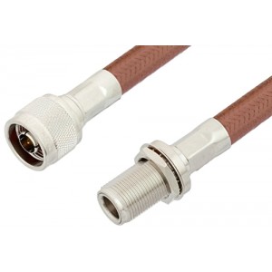 N Male to N Female Bulkhead Cable 12 Inch Length Using ET-RG393 Coax, RoHS