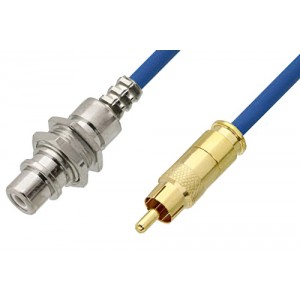 75 Ohm RCA Male to 75 Ohm RCA Female Bulkhead Cable 12 Inch Length Using 75 Ohm ET38348 Blue Coax