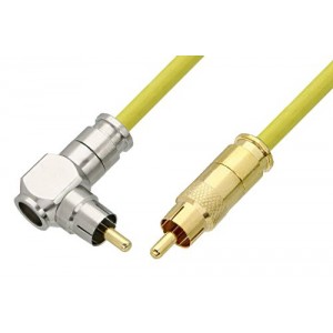 75 Ohm RCA Male to 75 Ohm RCA Male Right Angle Cable 12 Inch Length Using 75 Ohm ET38344 Yellow Coax