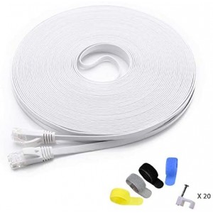 Cat 6 Ethernet Cable 100 ft (Cat5e Price Higher Bandwidth) Flat Cat6 Ethernet Patch Cable Short White + Free Cable Clips and Straps