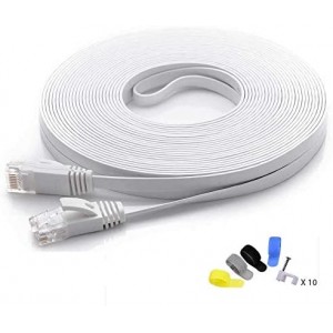 Cat 6 Ethernet Cable 50 ft (Cat5e Price Higher Bandwidth)  Flat Cat6 LAN Short White Cable  + Free Cable Clips and Straps