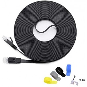 Cat 6 Ethernet Cable (Cat5e Price Higher Bandwidth) Flat Cat6 Lan Short Black Cable + Free Cable Clips and Straps (50ft)