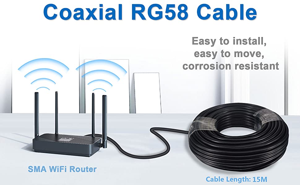 Low-Loss Coaxial Extension Cable 15-Meter(49.2 Ft) RG58 SMA Female to SMA Male